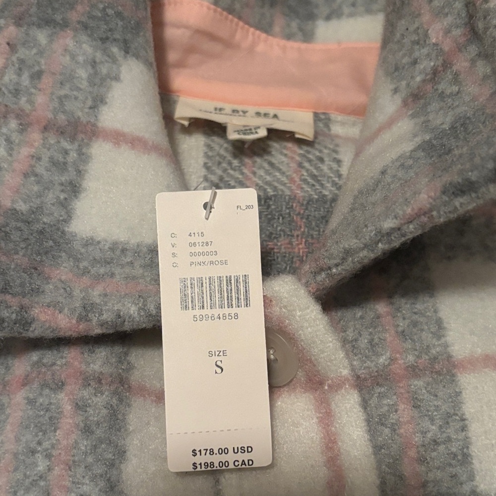 Anthropologie NWT Women's Gray and Pink Plaid Coat